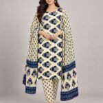 Cream & Navy Ajrakh Cotton Unstitched Suit Set with Dupatta