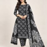 Black Kalamkari Mesh Cotton Unstitched Suit Set with Dupatta