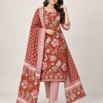 Rust Floral Jaal Cotton Unstitched Suit Set with Dupatta