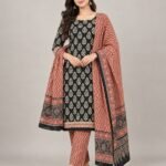 Black & Peach Bagru Cotton Unstitched Suit Set with Dupatta