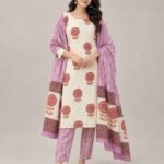 White & Orange Sunflower Cotton Unstitched Suit Set with Dupatta