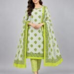 Lime Green Butti Cotton Unstitched Suit Set with Dupatta